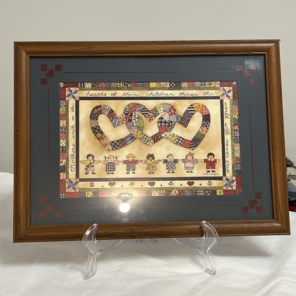 Vtg Cottagecore Mother & Children Hearts Framed Primitive Country Farmhouse Wall